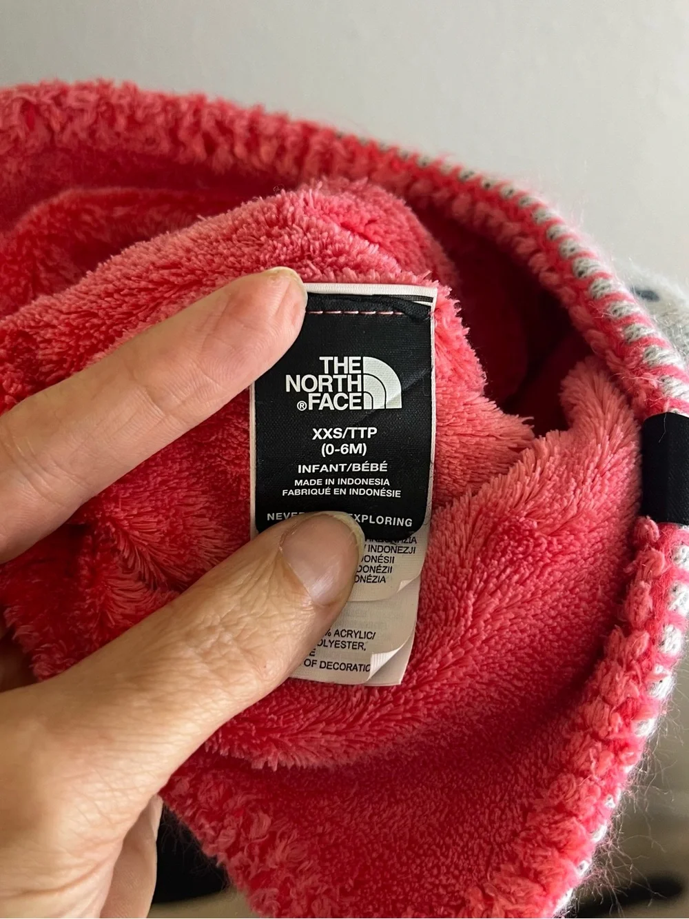 The North Face Infant XXS 0-6M Blue Pink Pom Beanie Fleece Lined Beanie